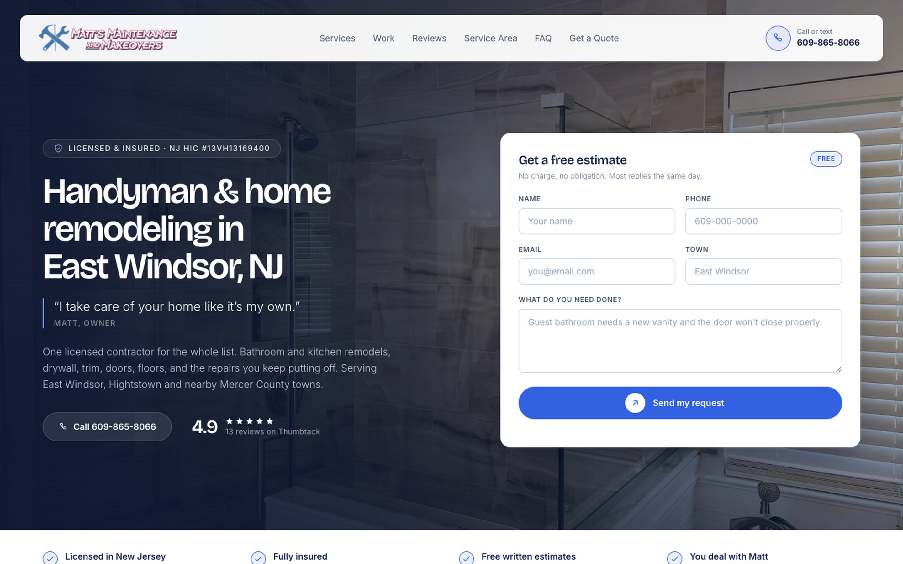 Matt&rsquo;s Maintenance and Makeovers website: East Windsor in the headline, license number, tap-to-call and an estimate form
